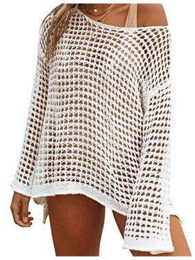 Bsubseach White Crochet Mesh Swim Cover Up Long Sleeve Off Shoulder Beach Tunic